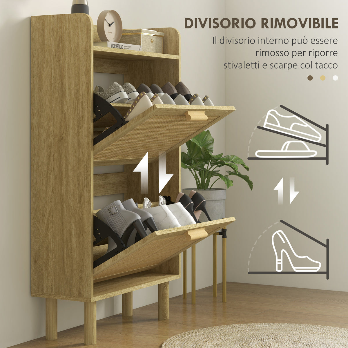 Scarpiera Stretta Rovere con 2 Cassetti Ribaltabili