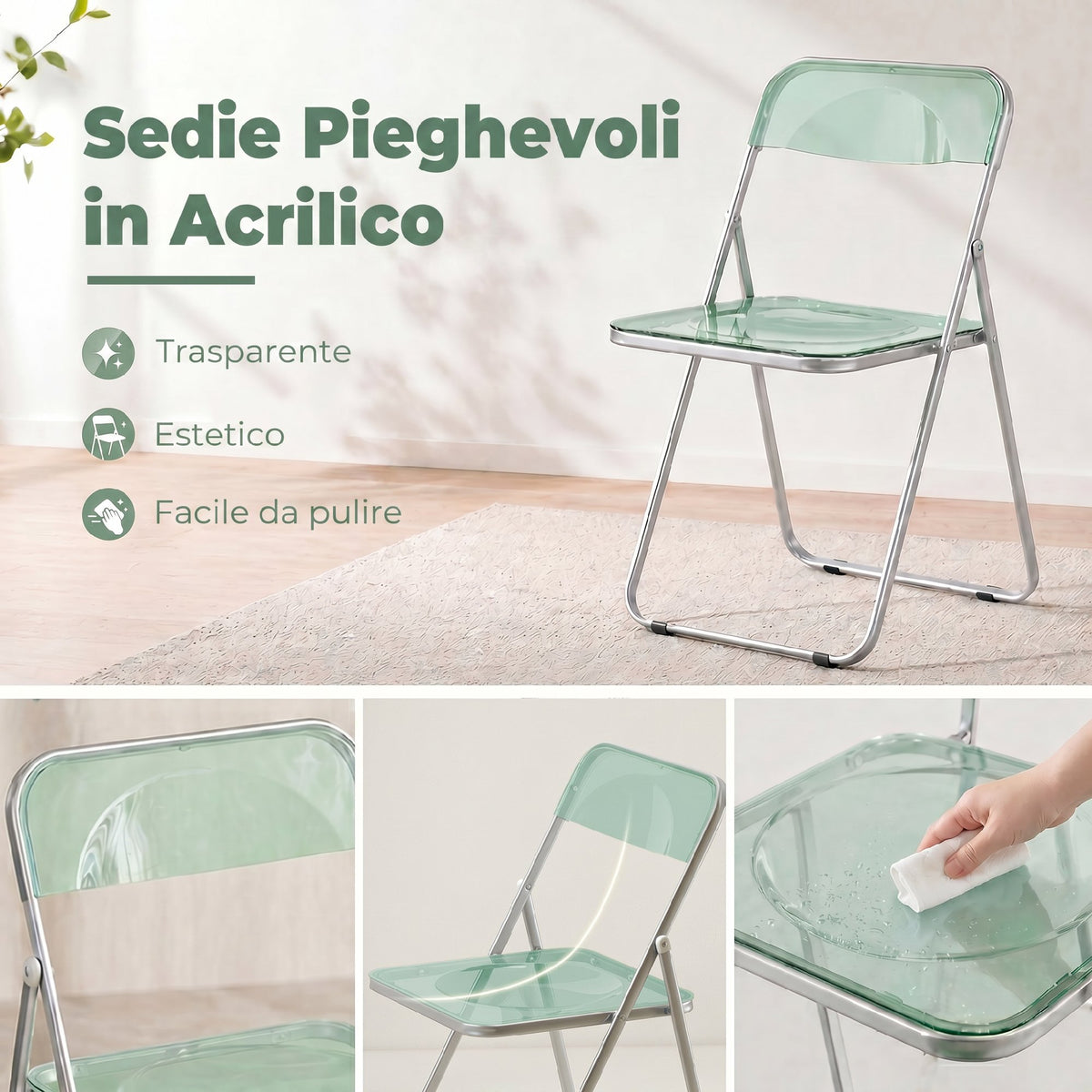 Set 4 Sedie Pieghevoli Trasparenti Verdi in Acrilico
