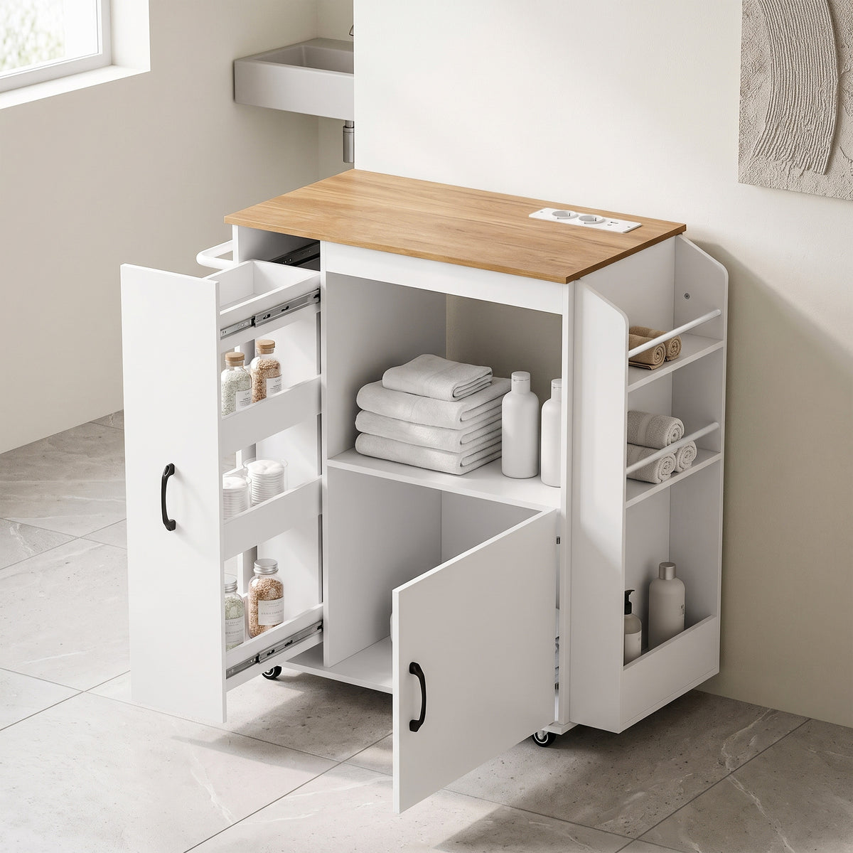 Carrello da Cucina Bianco con Presa di Corrente