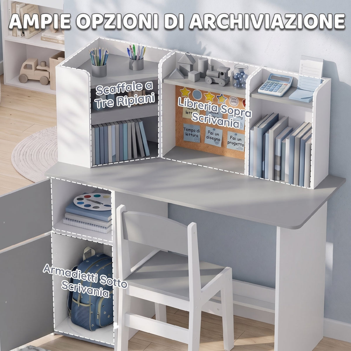 Scrivania Bambini con Sedia e Supporto Tablet
