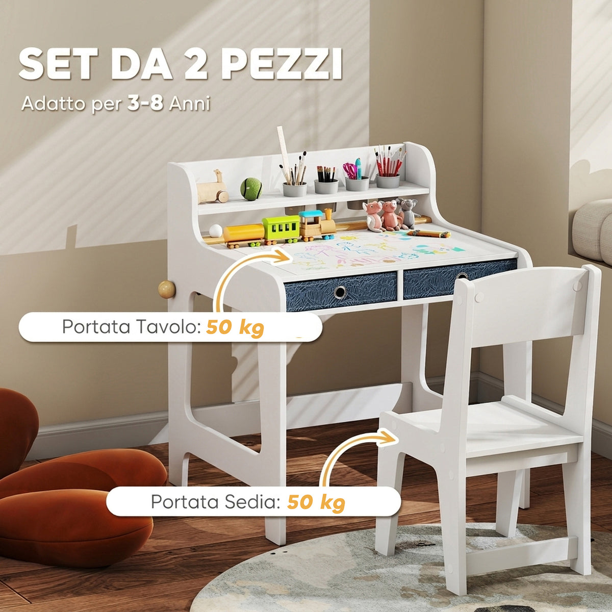 Scrivania con Sedia per Bambini e 2 Cassetti