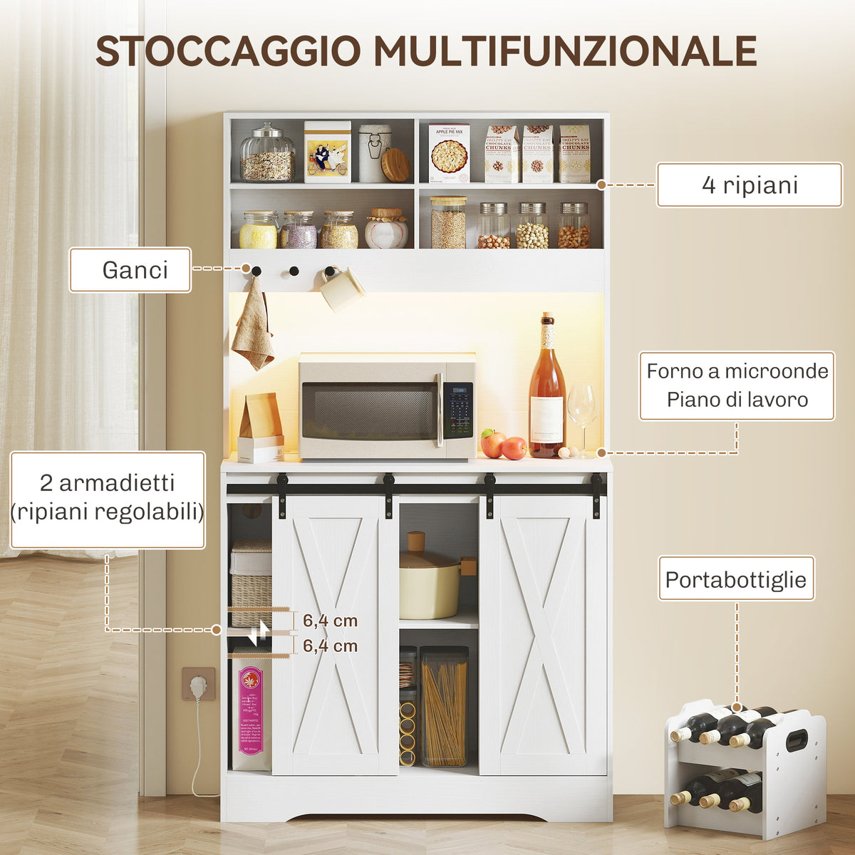 Credenza Cucina con LED, Prese Elettriche e Portabottiglie