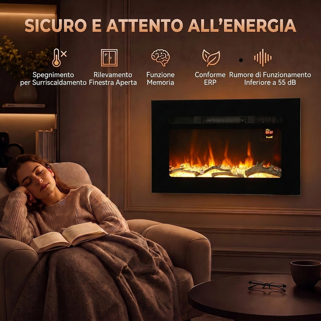 Caminetto Elettrico da Incasso o Parete 60 cm 1800W