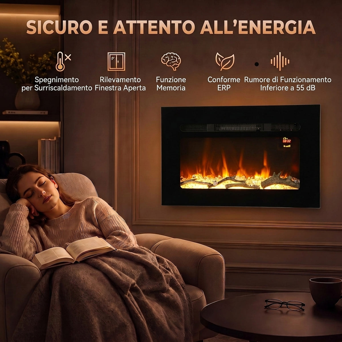 Caminetto Elettrico da Incasso o Parete 60 cm 1800W