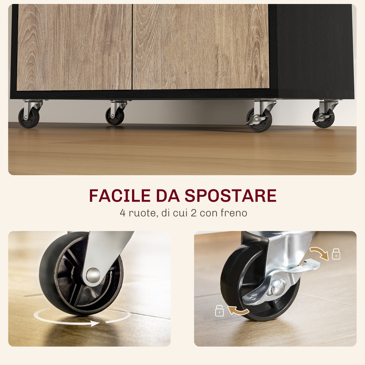Carrello da Cucina Nero con Cassetto e Armadietto