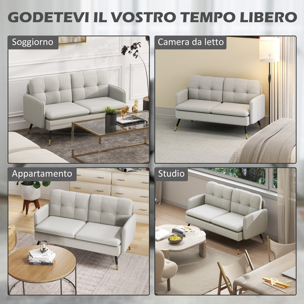 Divano 2 Posti in Tessuto Effetto Lino con Cuscini Imbottiti Bianco Crema