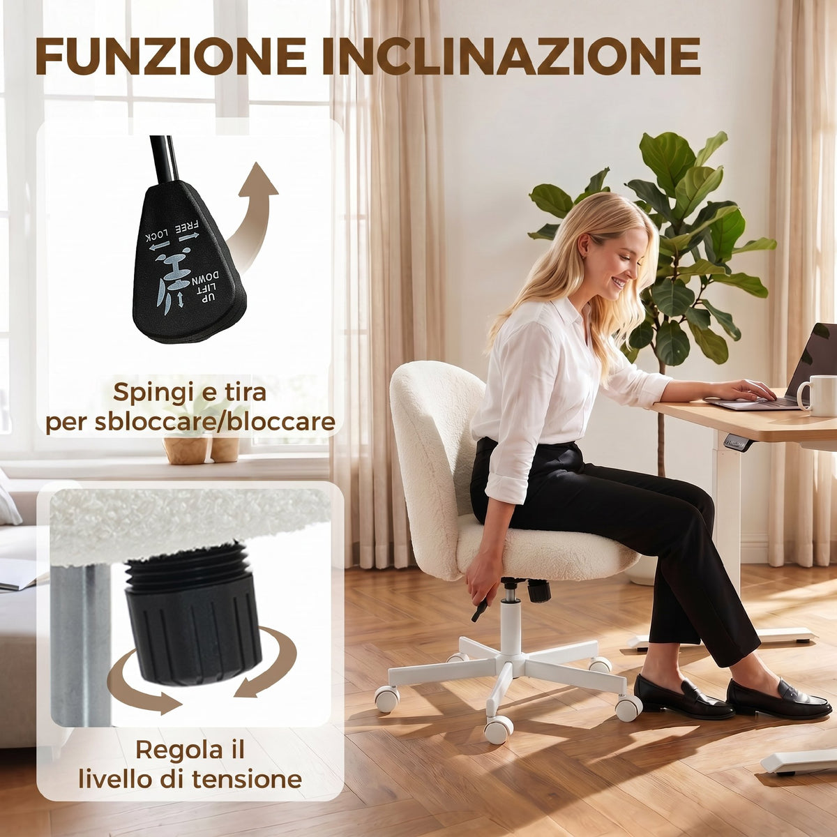 Sedia Girevole in Sherpa Crema con Altezza Regolabile