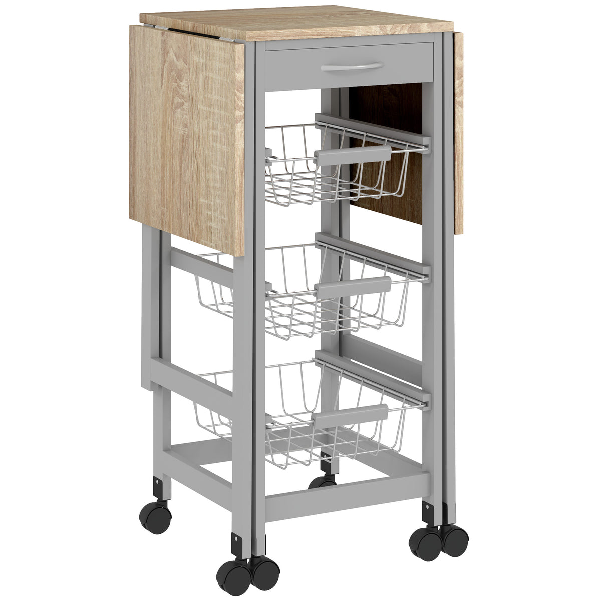 Carrello da Cucina Grigio e Rovere con 3 Cestini