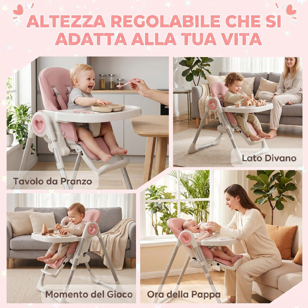 Seggiolone Pappa Pieghevole Rosa con Altezza Regolabile