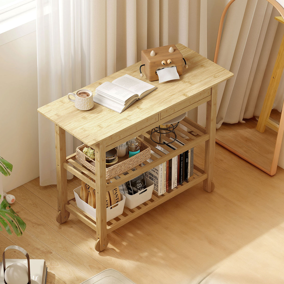 Carrello da Cucina in Bambù con 2 Cassetti
