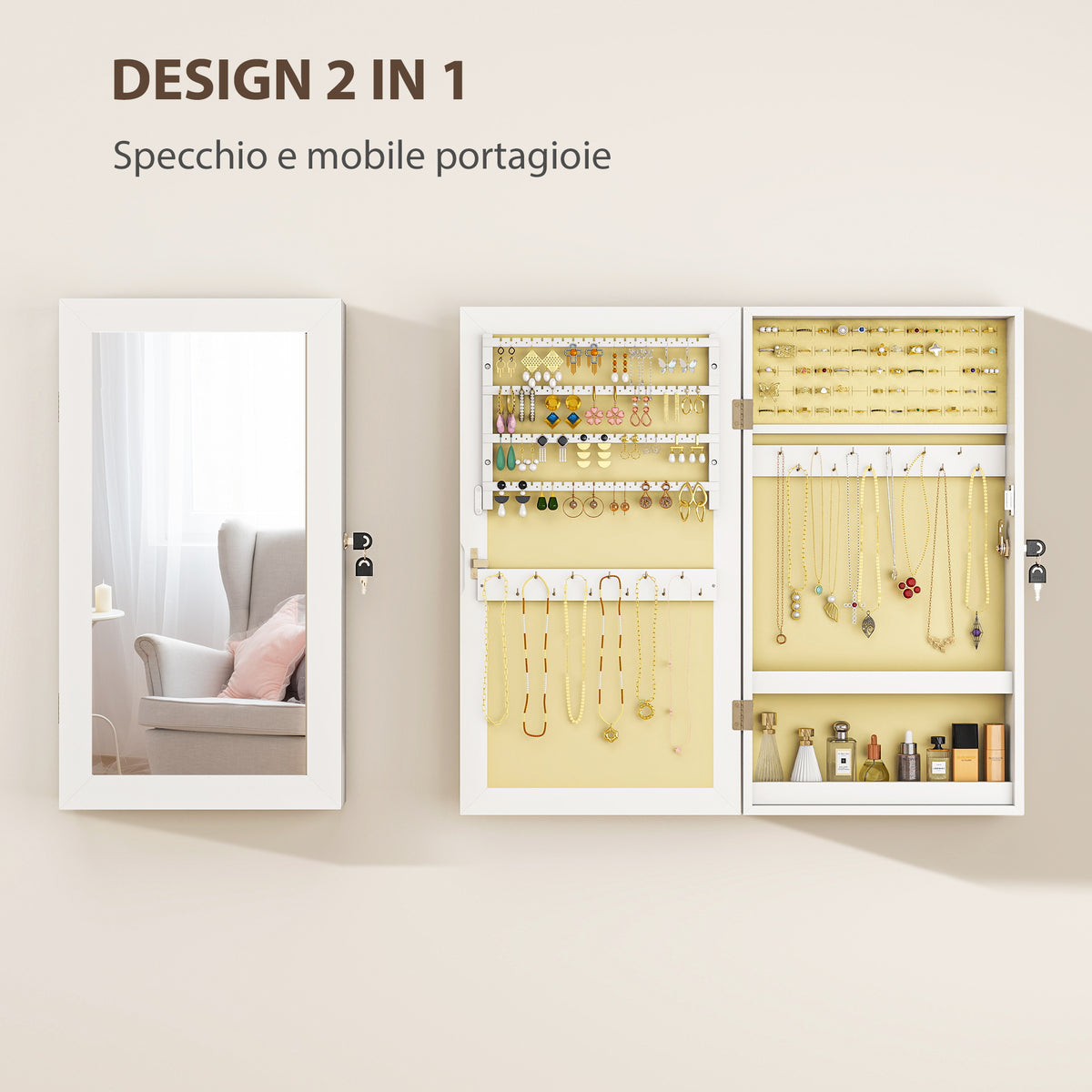 Mobiletto Portagioie da Parete con Specchio Bianco