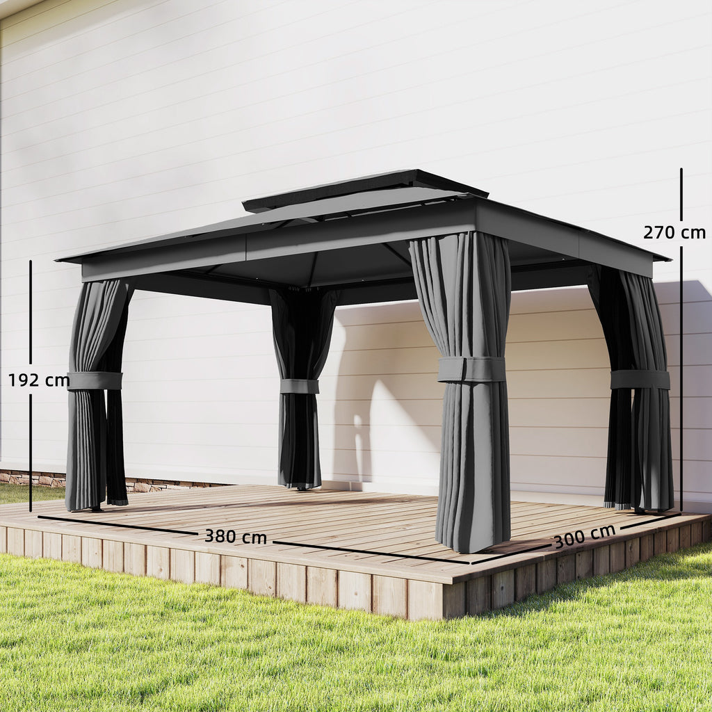 Gazebo da Giardino 3,8 x 3 m con Doppio Tetto e Tende Laterali