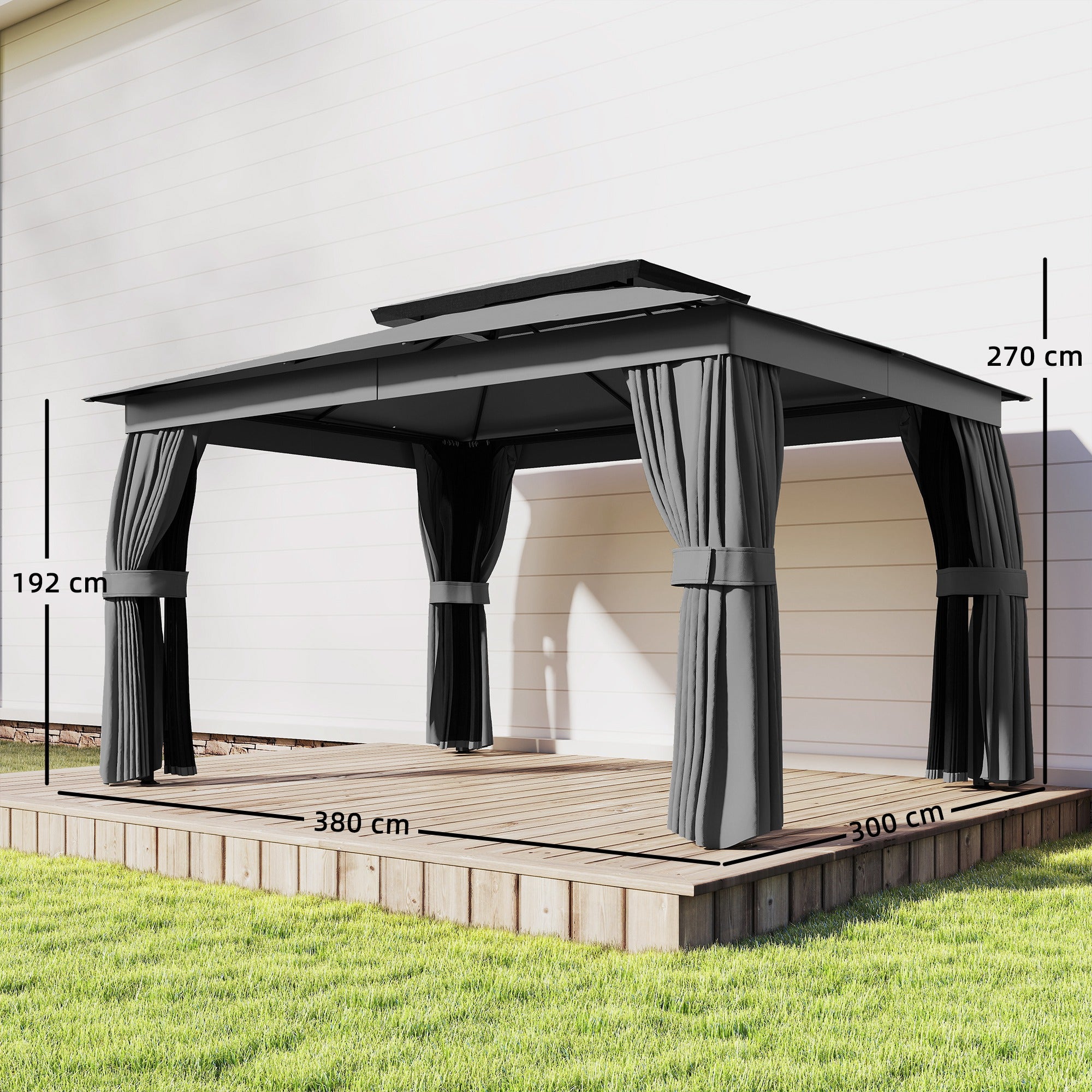 Gazebo da Giardino 3,8 x 3 m con Doppio Tetto e Tende Laterali