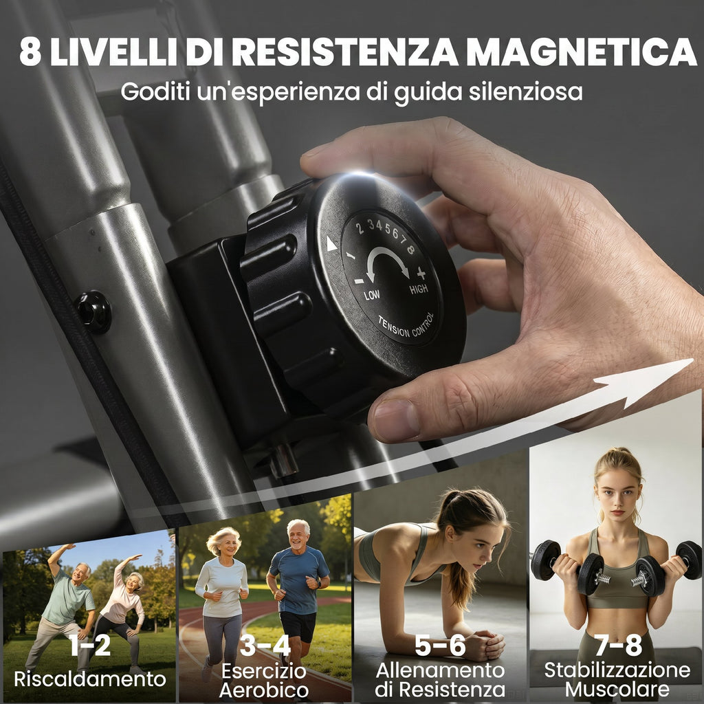 Cyclette Magnetica con Resistenza a 8 Livelli, Display LCD e App Bluetooth, in Acciaio Q195 Nero