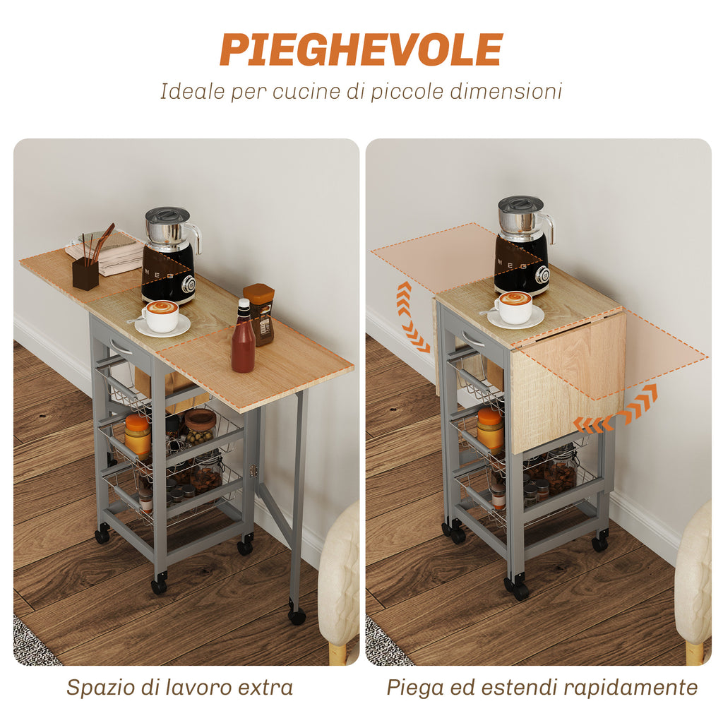 Carrello da Cucina Grigio e Rovere con 3 Cestini
