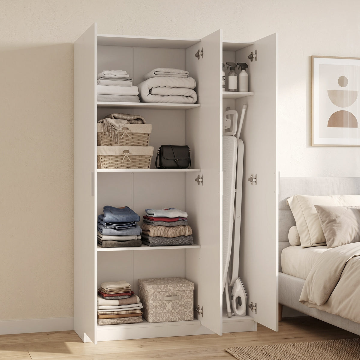 Armadio Bianco con Ripiani Regolabili e Ante Soft-Close