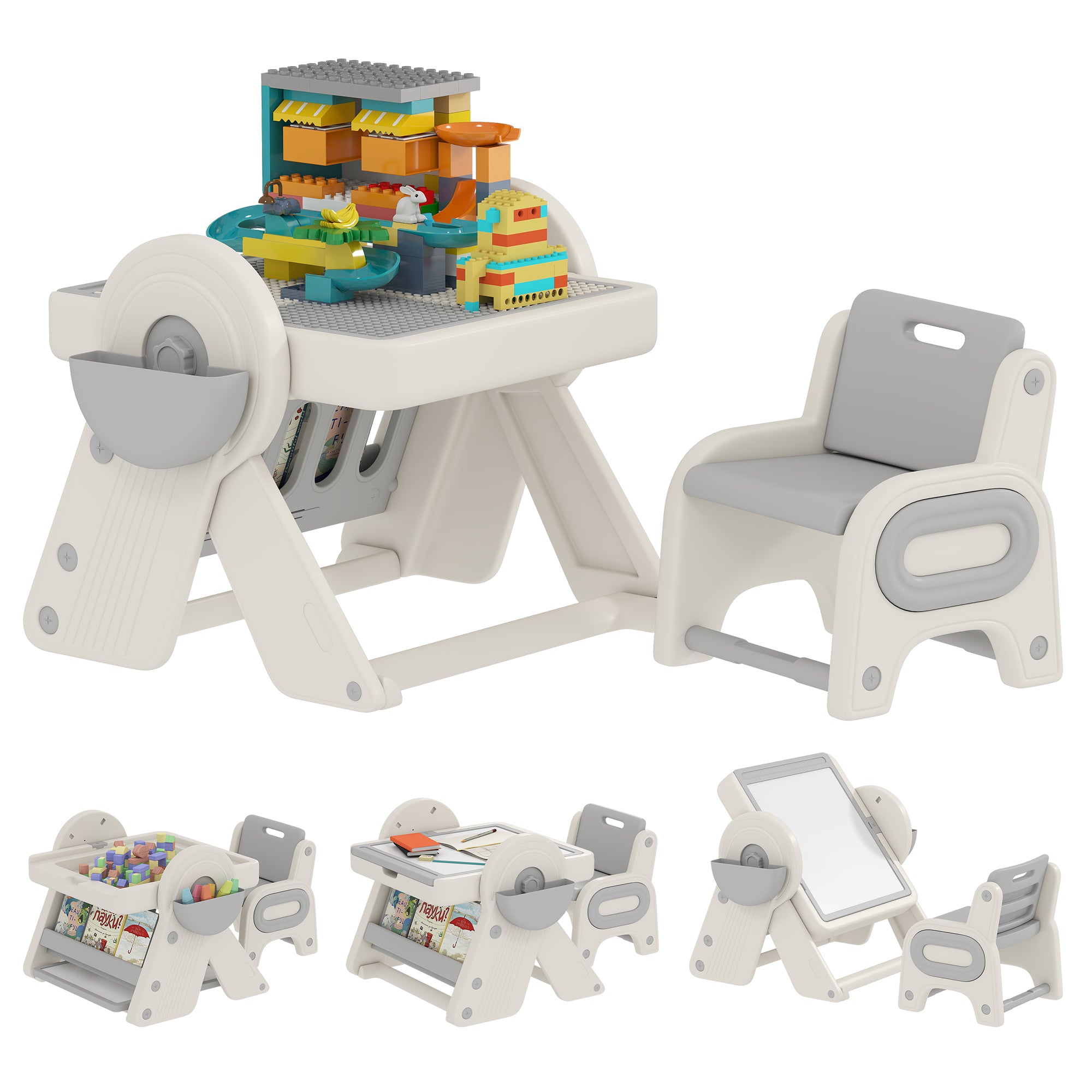 Tavolo Multiuso per Bambini con Ripiano Contenitore e Cassetti Grigio e Bianco