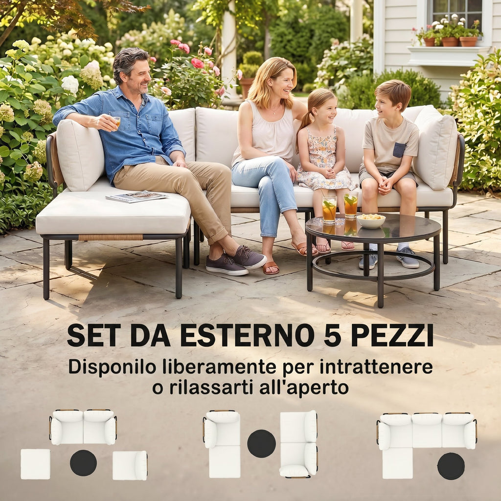 Set Salotto da Giardino 5 Pezzi in Rattan Componibile con Cuscini Cachi