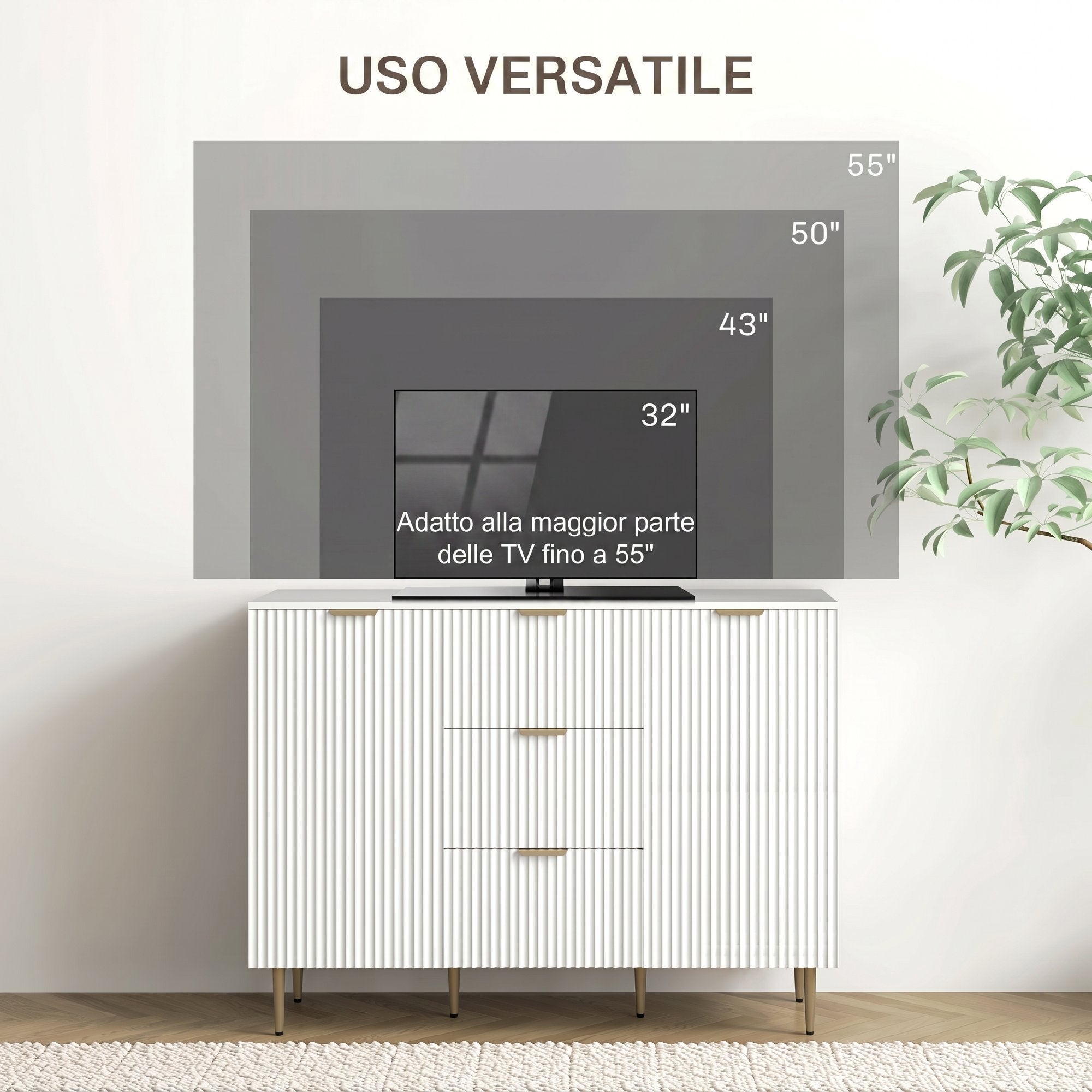 Credenza Moderna con 3 Cassetti, 2 Armadietti e Ripiani Regolabili in Legno e Metallo