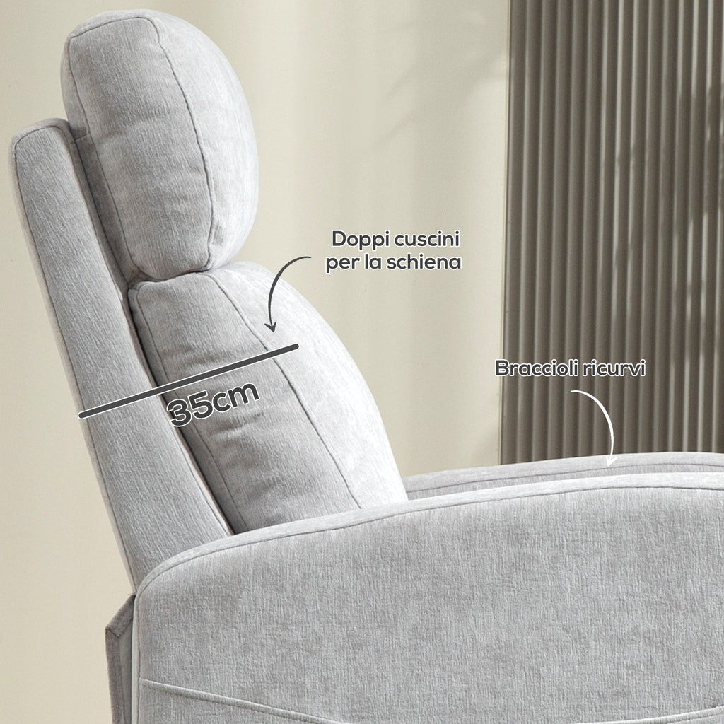 Poltrona Relax Reclinabile fino a 150° con Poggiapiedi in Tessuto Effetto Lino Grigio Chiaro