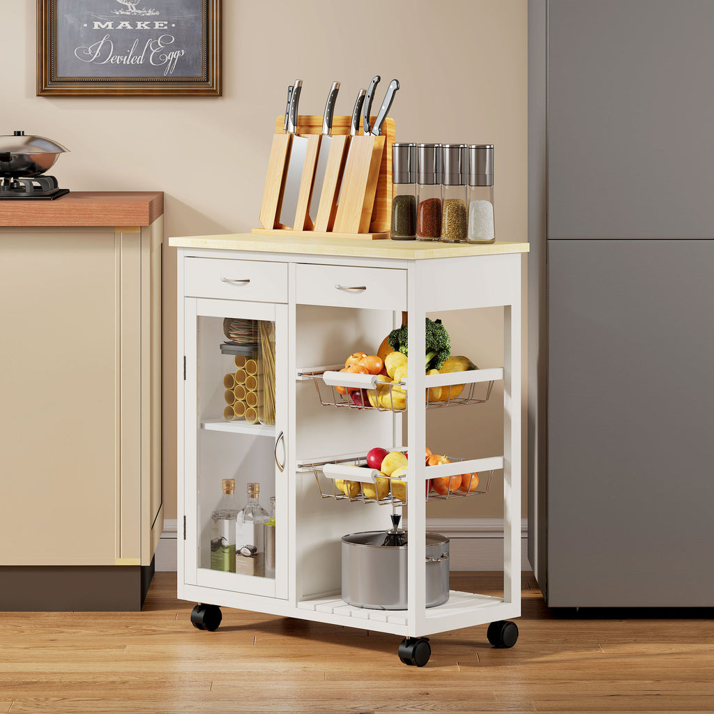 Carrello da Cucina in Bambù Bianco con 2 Cassetti