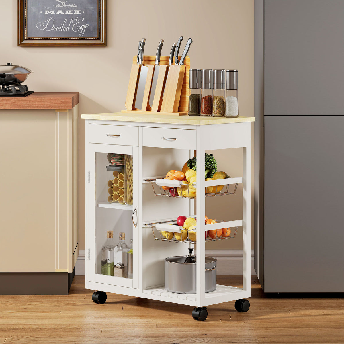 Carrello da Cucina in Bambù Bianco con 2 Cassetti