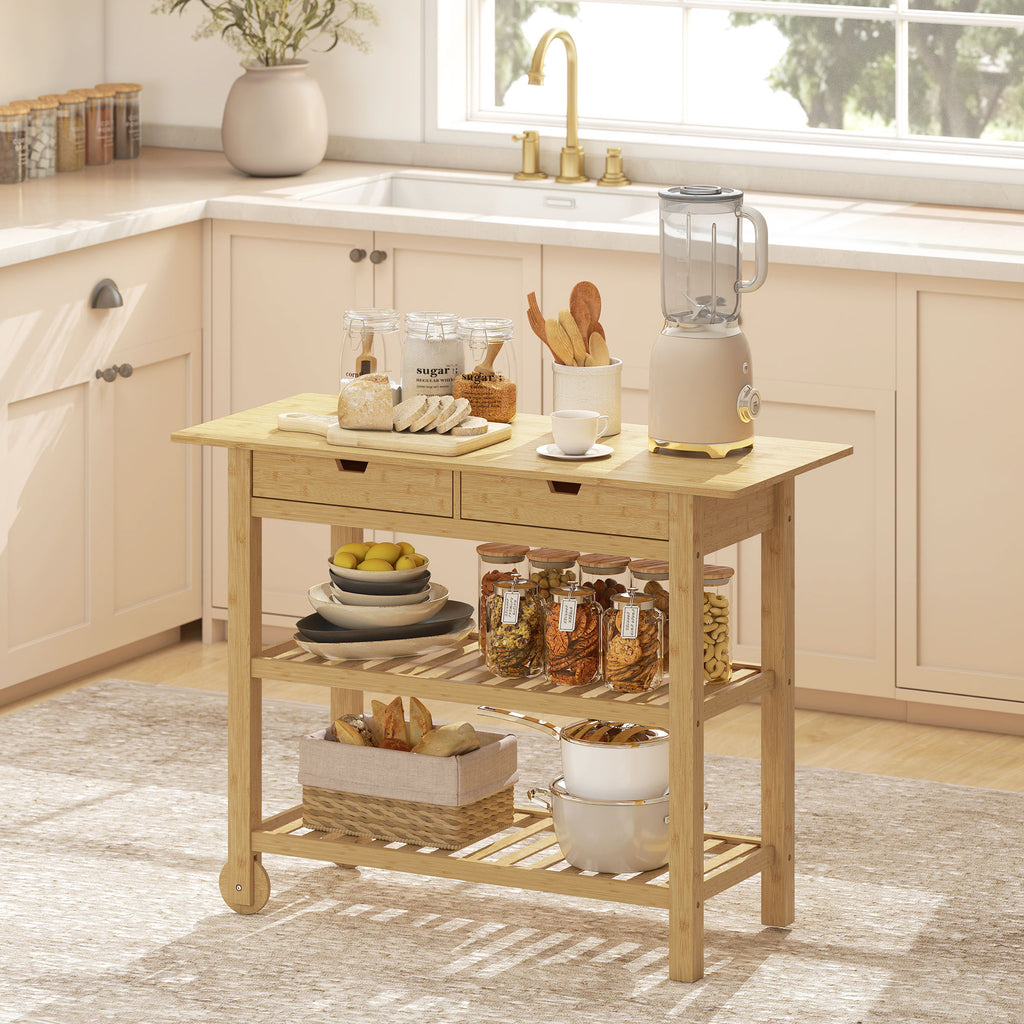Carrello da Cucina in Bambù con 2 Cassetti