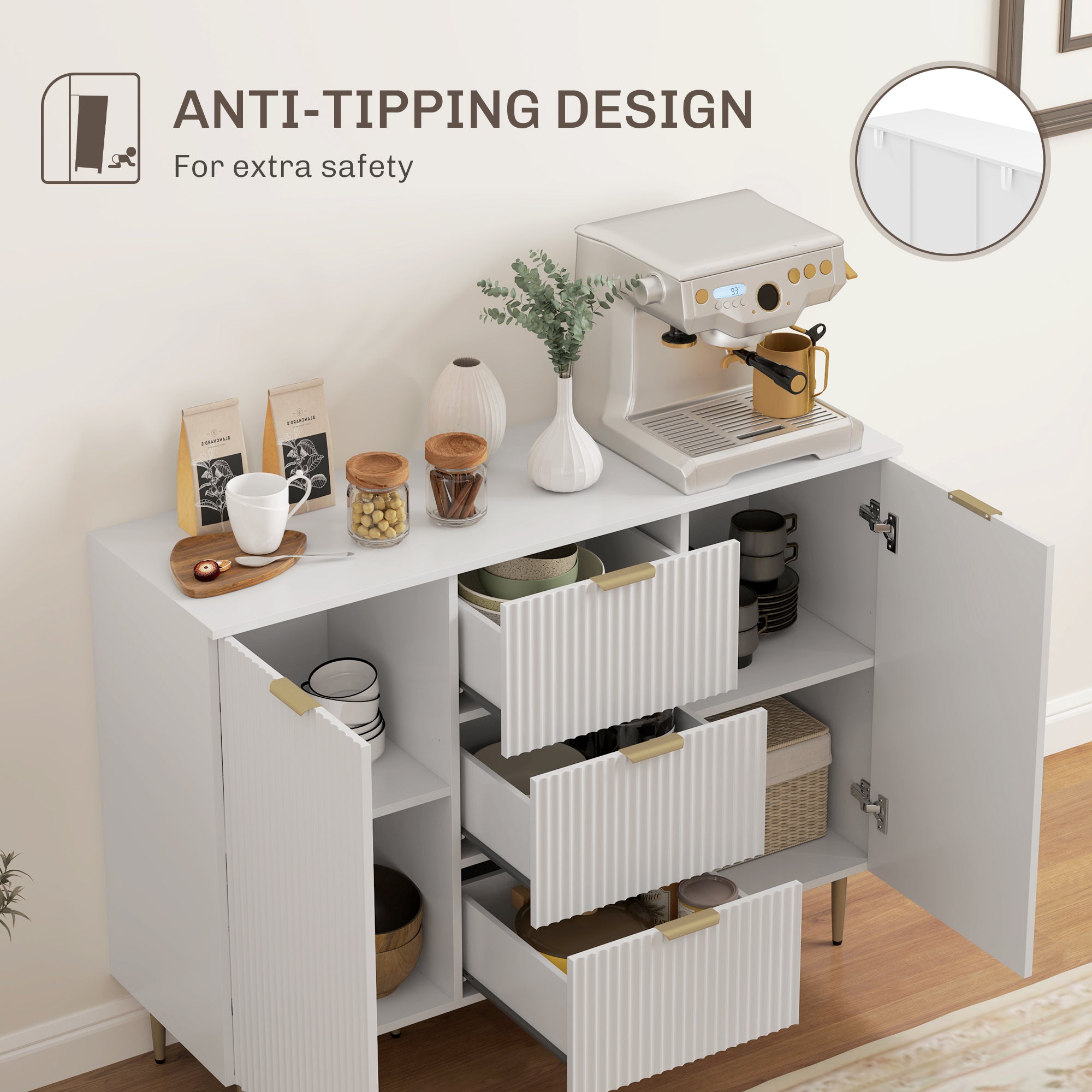 Credenza Moderna con 3 Cassetti, 2 Armadietti e Ripiani Regolabili in Legno e Metallo