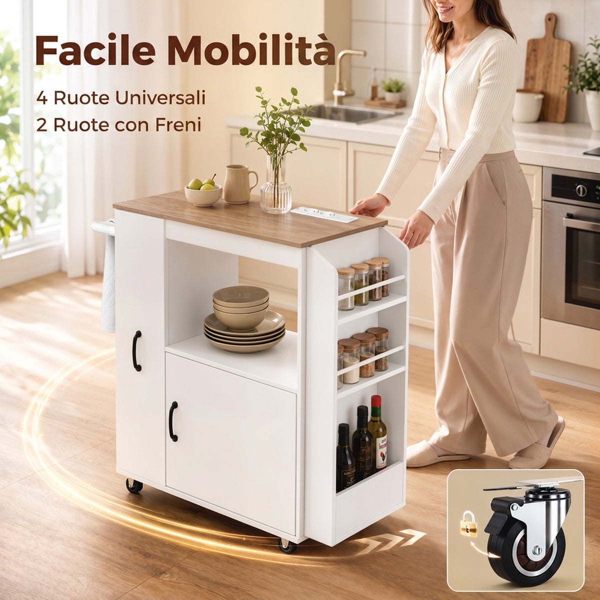 Carrello da Cucina Bianco con Presa di Corrente