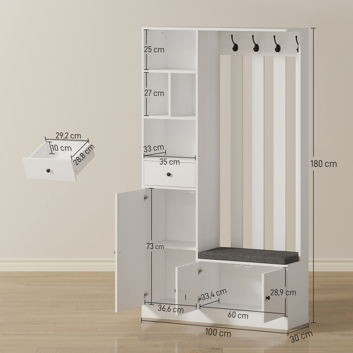 Armadio Guardaroba Bianco con Panca e Portascarpe