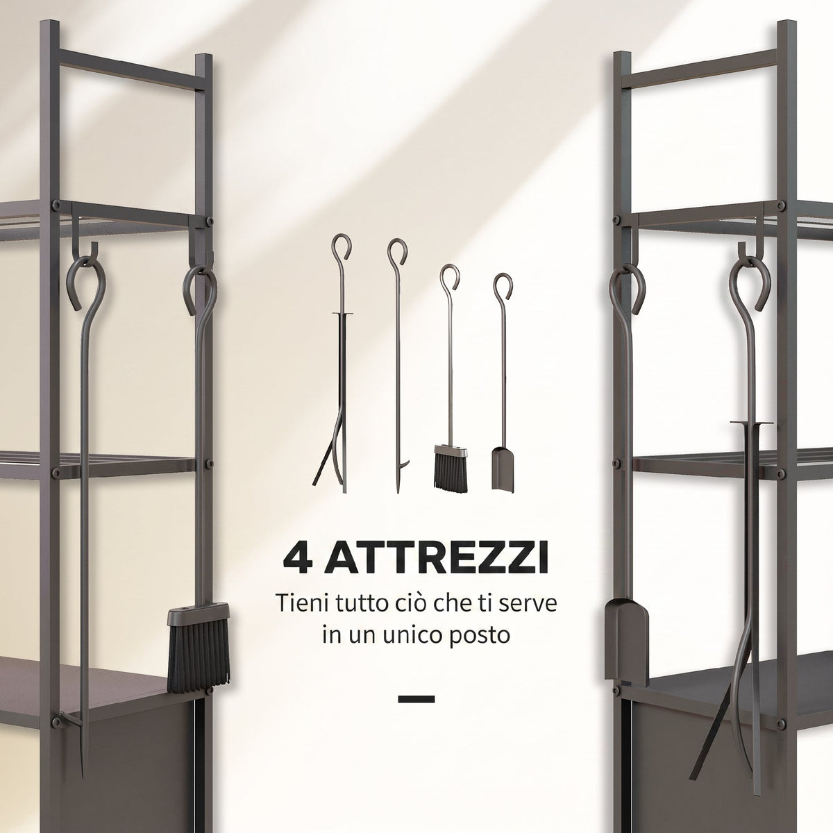 Portalegna con Ruote e 4 Utensili per Camino