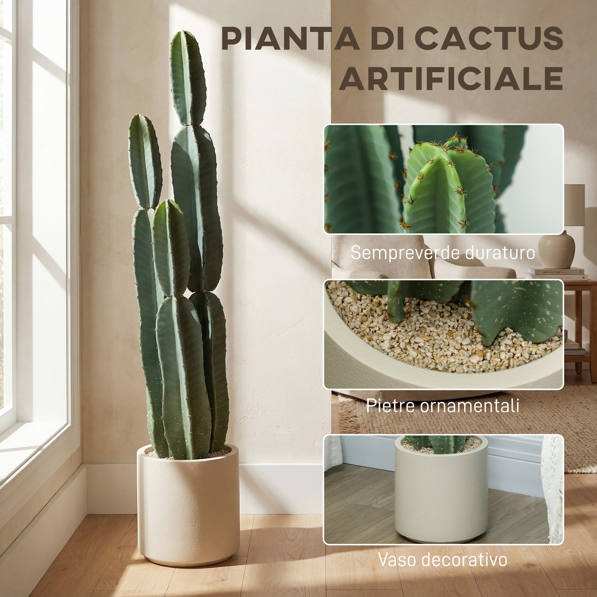 Pianta Artificiale Cactus Grande 111 cm con Vaso