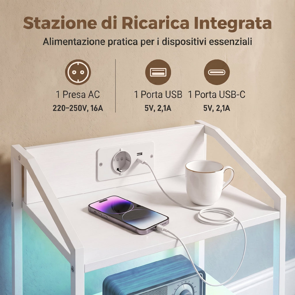 Set 2 Comodini Bianchi con Luci LED e Ricarica