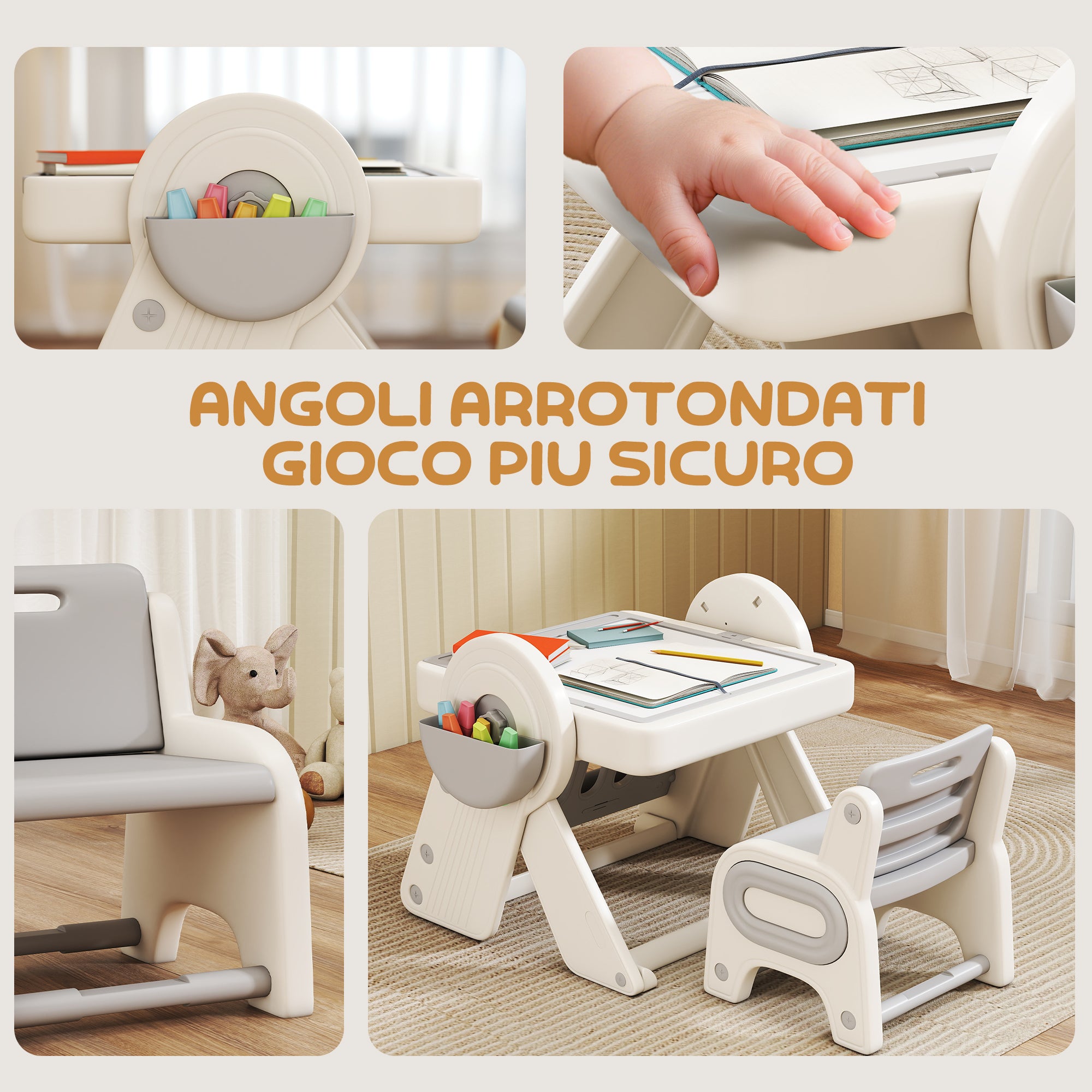 Tavolo Multiuso per Bambini con Ripiano Contenitore e Cassetti Grigio e Bianco