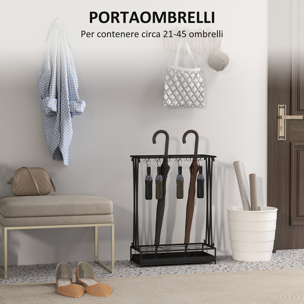 Portaombrelli Nero con 21 Fori e 24 Ganci