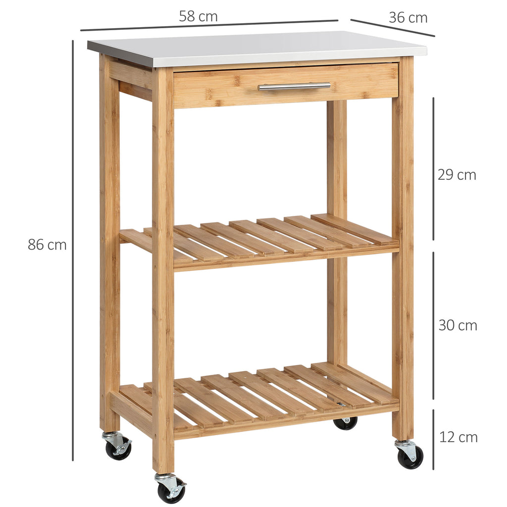 Carrello da Cucina in Bambù con Piano in Acciaio Inox
