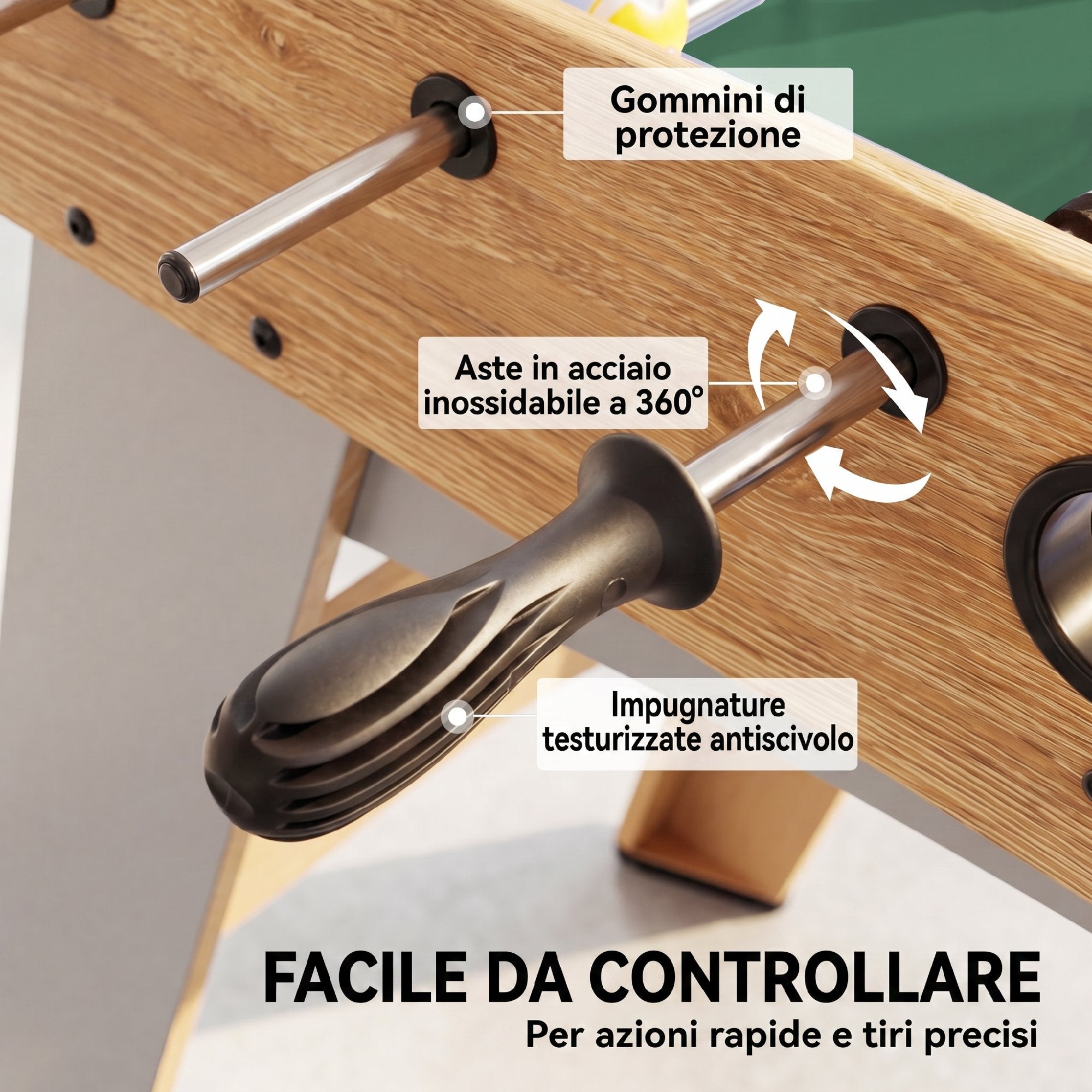 Calcio Balilla con 22 Giocatori, Palline e Segnapunti Manuale, Rovere e Giallo