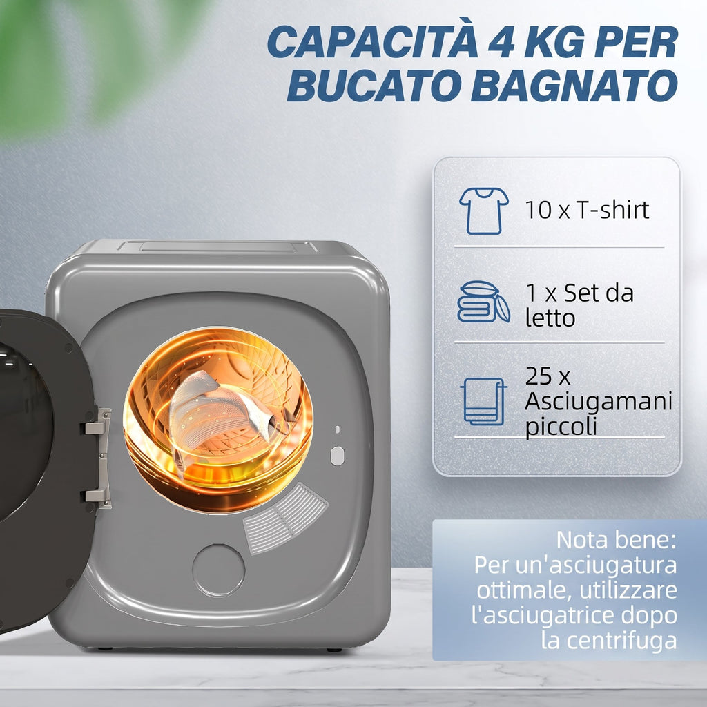 Asciugatrice ad Aria 4 kg con Timer e Programma Smart in Acciaio Inox