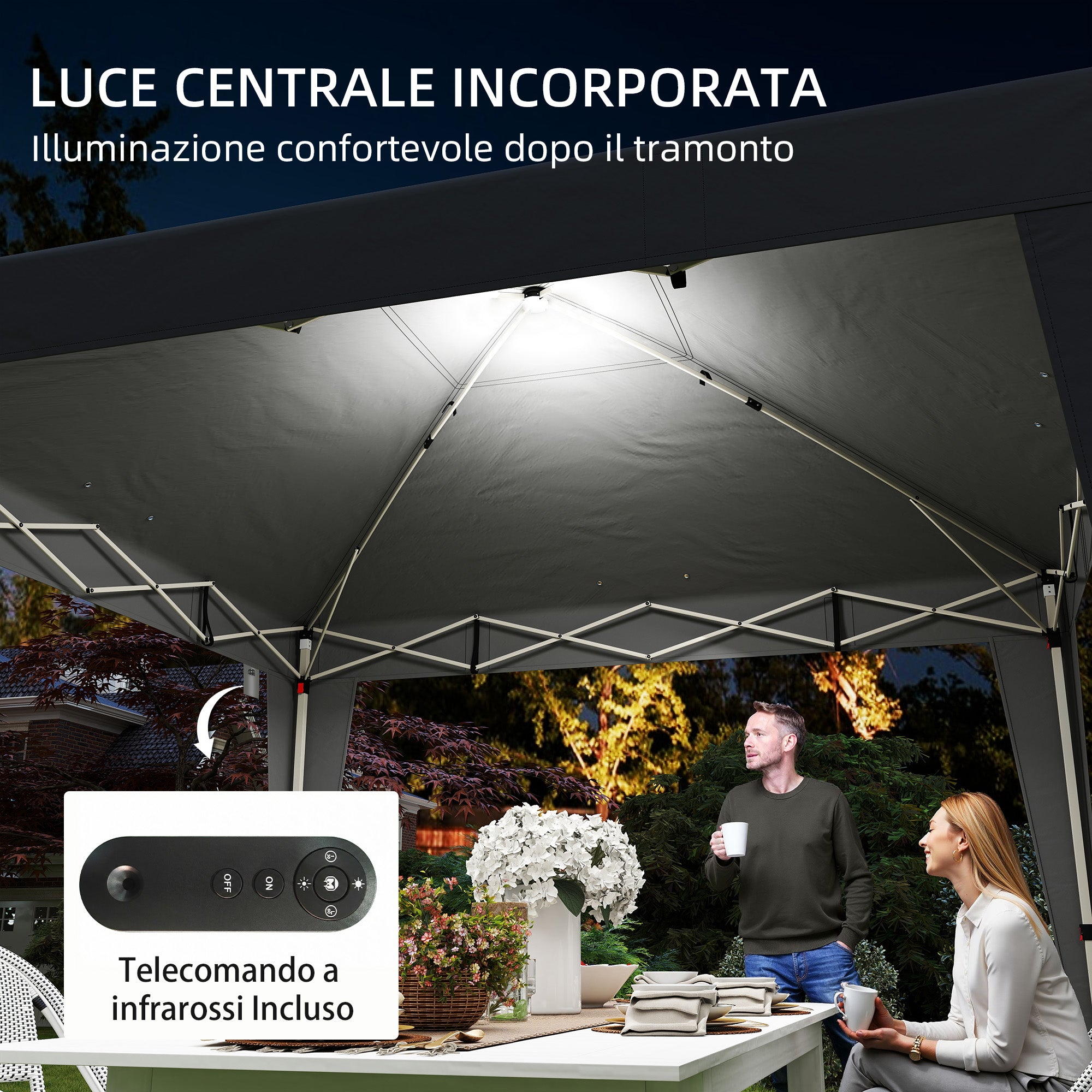 Gazebo Pop-Up Pieghevole 3x3 m con Luce LED, USB e Altezza Regolabile