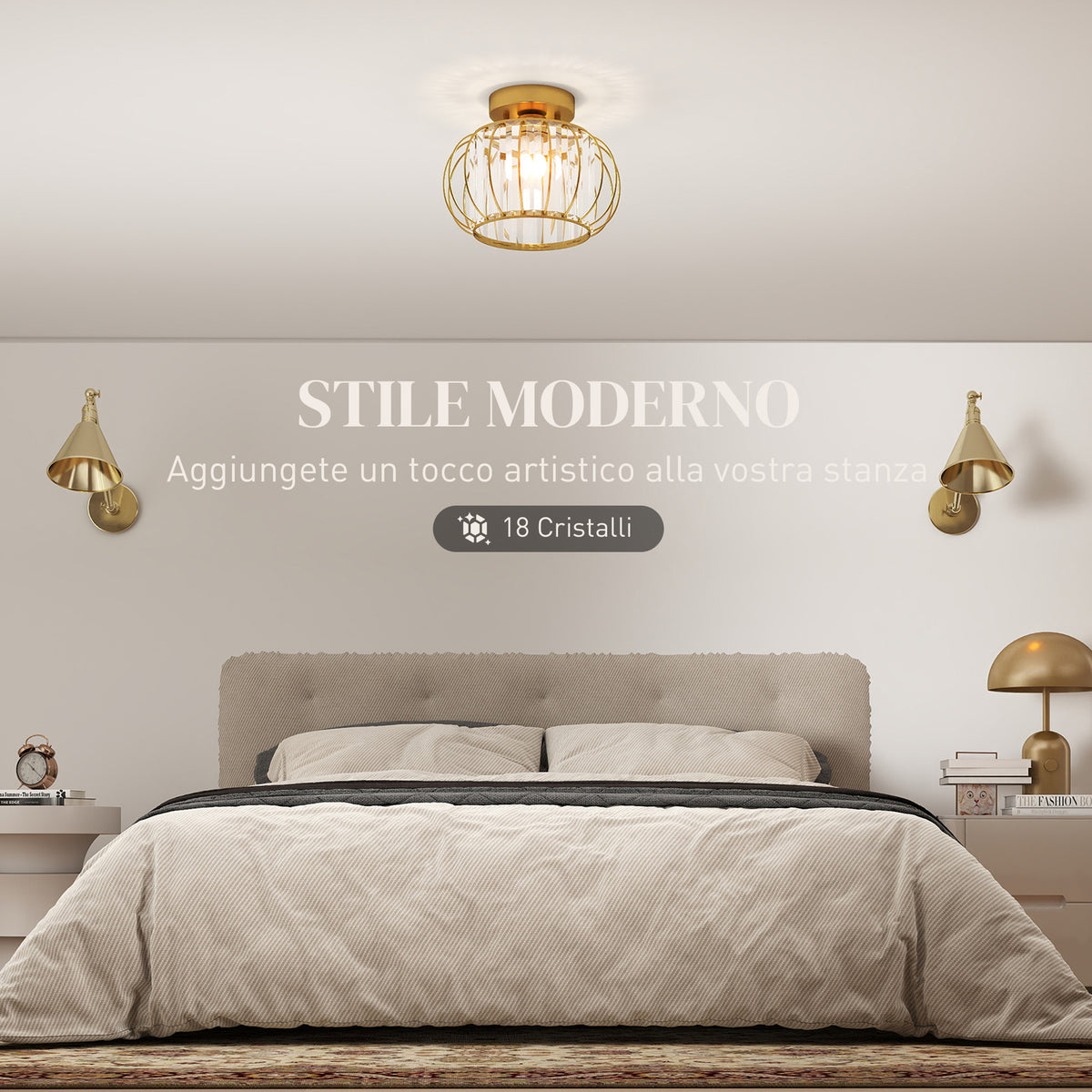 Plafoniera LED Oro con 18 Cristalli e Design a Gabbia