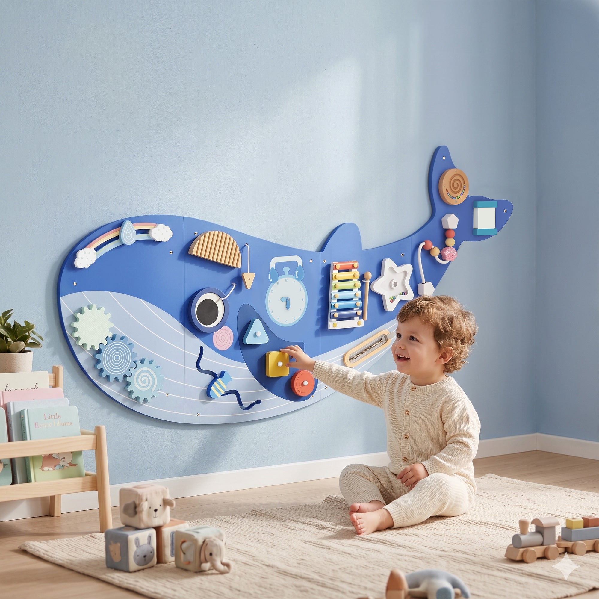 Busy Board Montessori in Legno 13 in 1 – Pannello Sensoriale da Parete per Bambini dai 2 Anni – Balena Blu