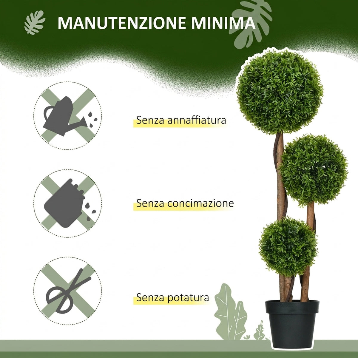 Pianta di Bosso Artificiale a 3 Sfere con Vaso 110 cm
