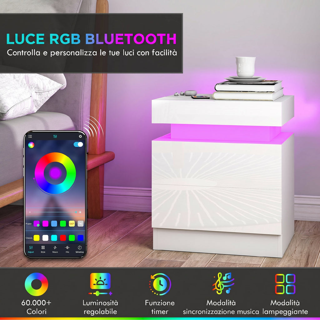 Set 2 Comodini LED a 16 Colori con 2 Cassetti in Legno