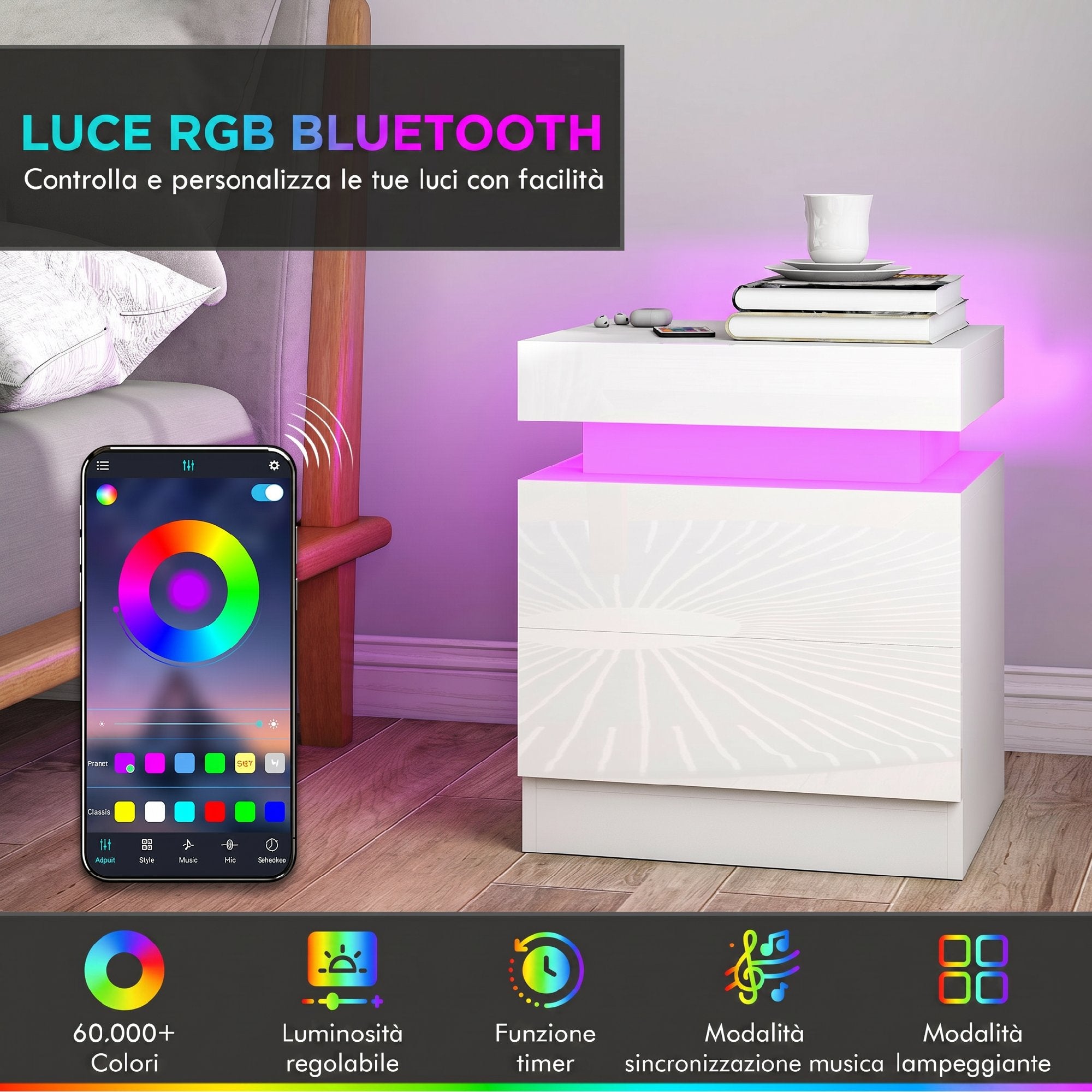 Set 2 Comodini LED a 16 Colori con 2 Cassetti in Legno