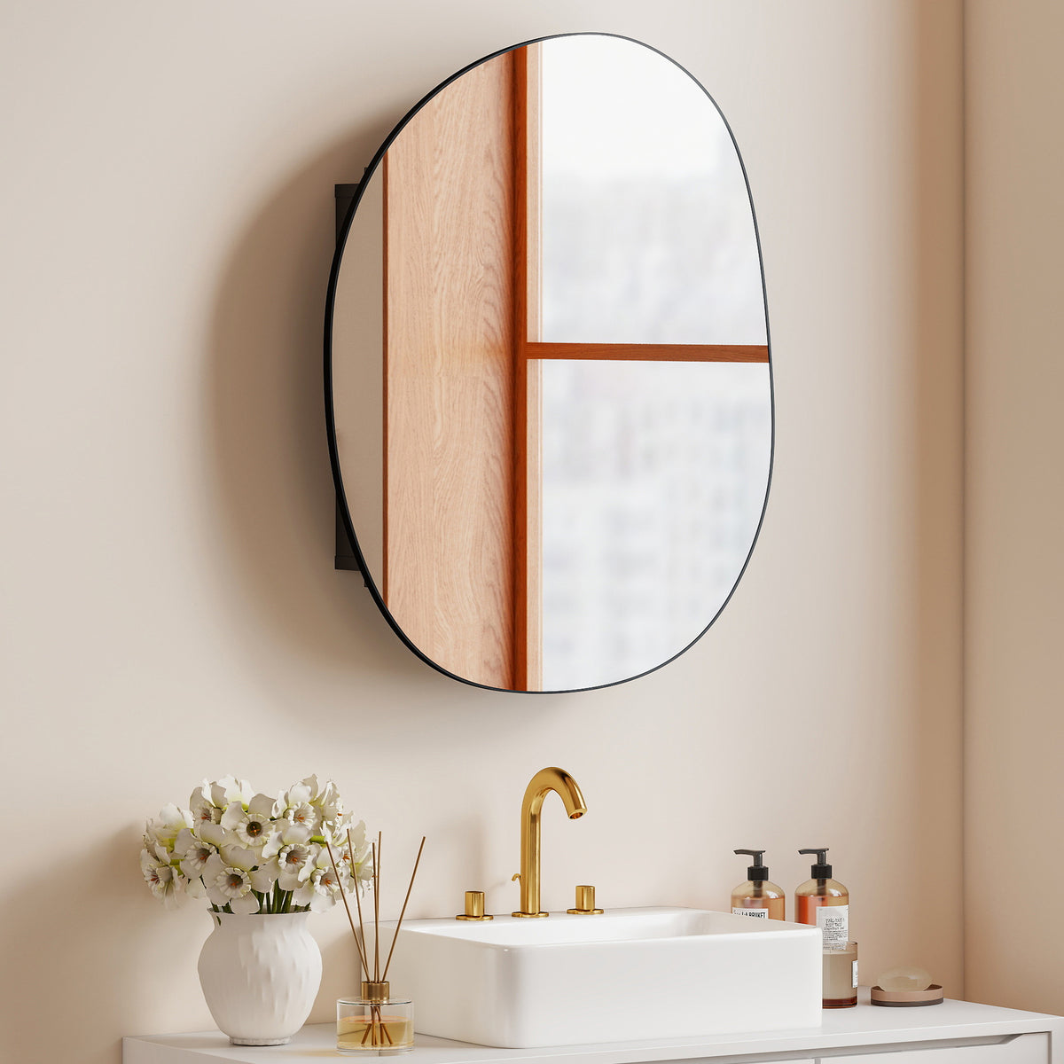 Armadietto Bagno Nero con Specchio e Ripiani