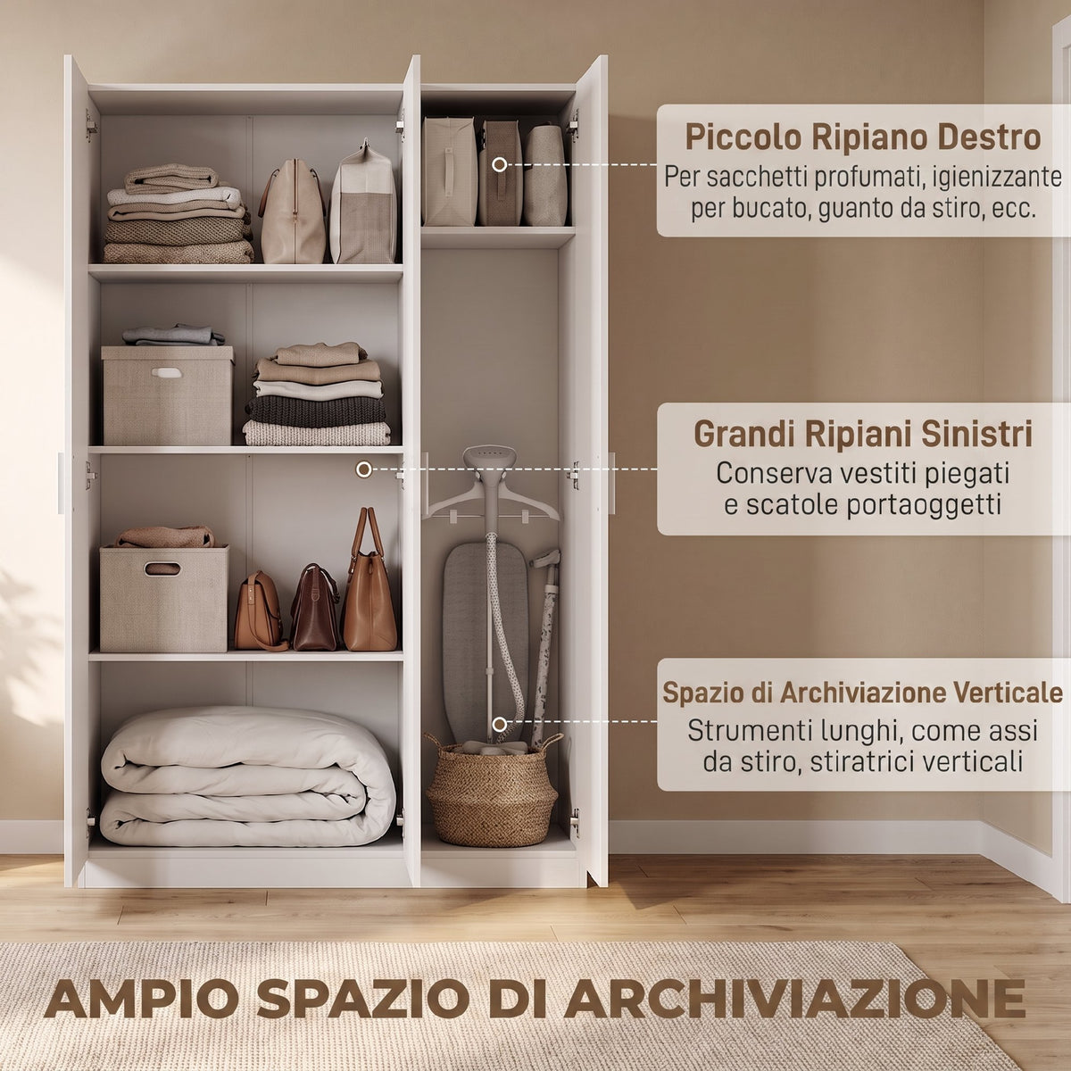 Armadio Bianco con Ripiani Regolabili e Ante Soft-Close