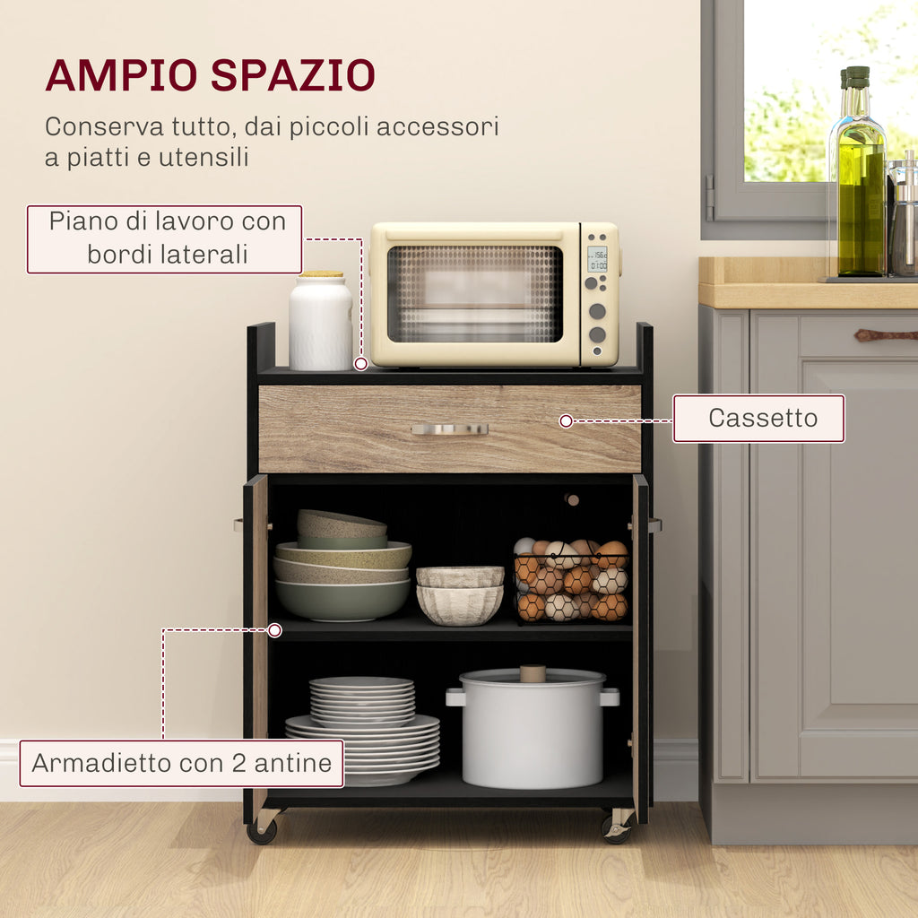Carrello da Cucina Nero con Cassetto e Armadietto