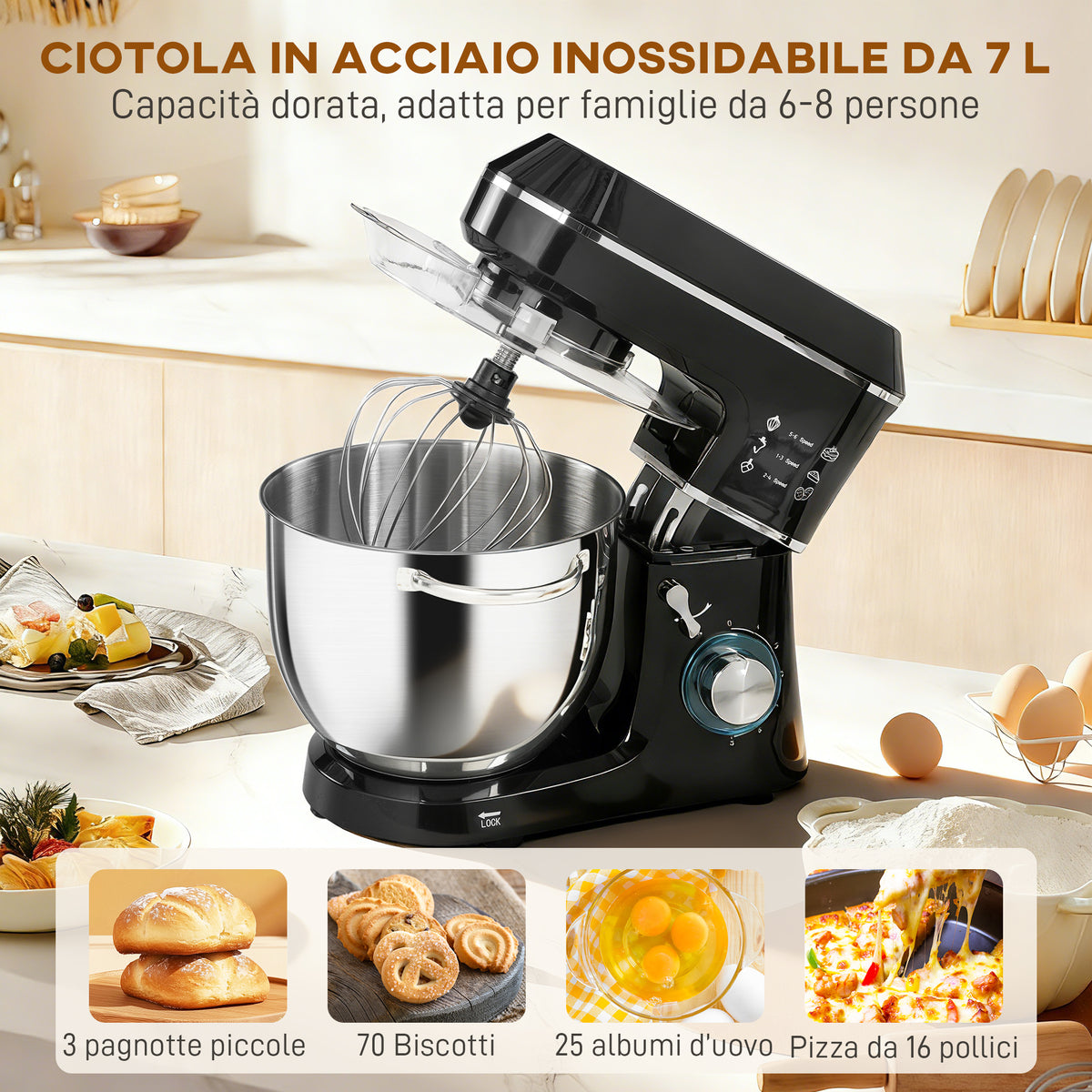 Impastatrice Planetaria 1400W con Ciotola 7 L e 6 Velocità