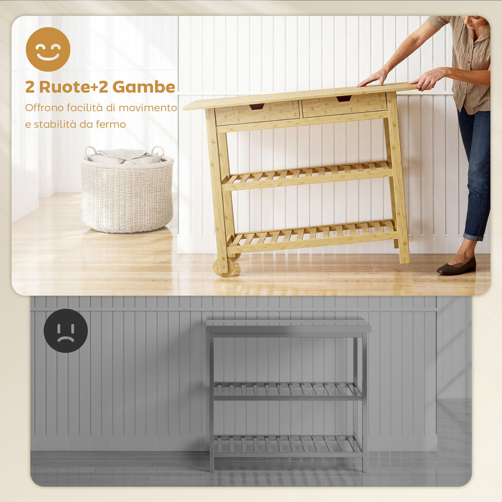 Carrello da Cucina in Bambù con 2 Cassetti