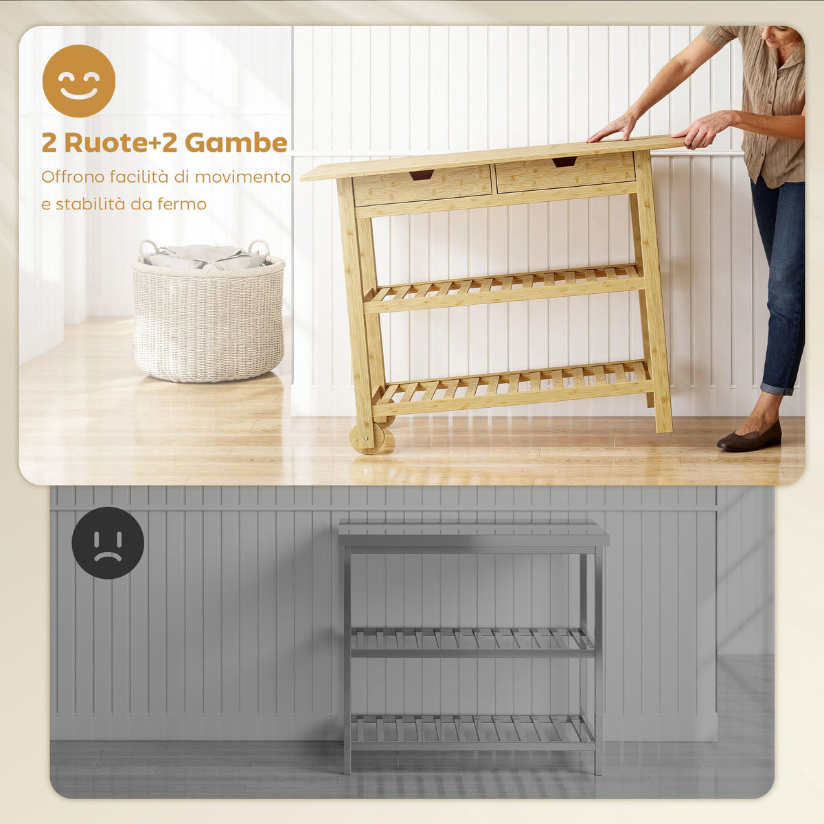 Carrello da Cucina in Bambù con 2 Cassetti